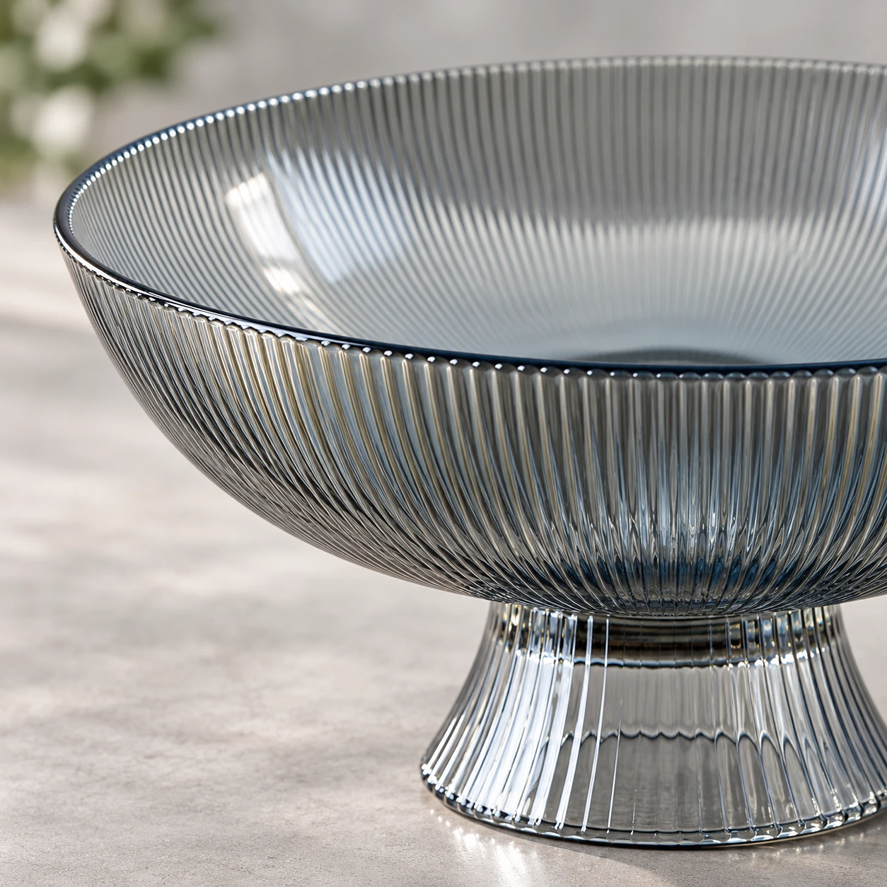 Smoky Blue Fluted Glass Fruit Bowl on Pedestal - view 5